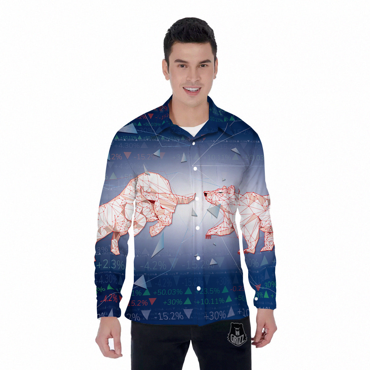 Stock Market Bear And Bull Print Men's Long Sleeve Shirts-grizzshop