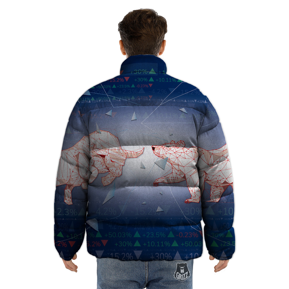 Stock Market Bear And Bull Print Puffer Jacket-grizzshop