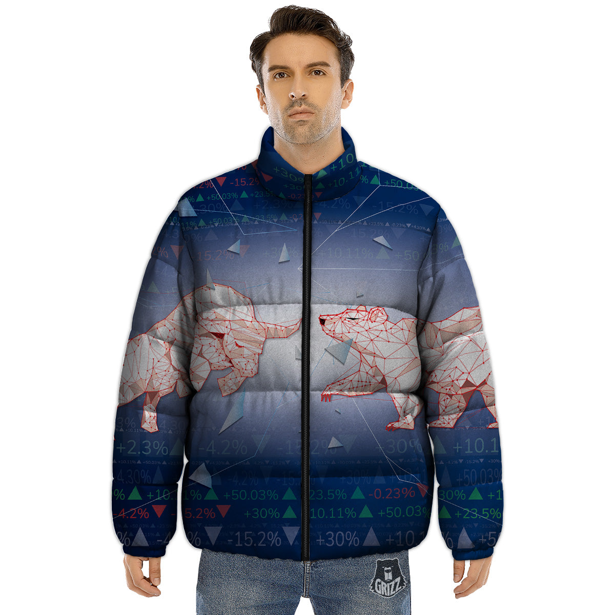 Stock Market Bear And Bull Print Puffer Jacket-grizzshop