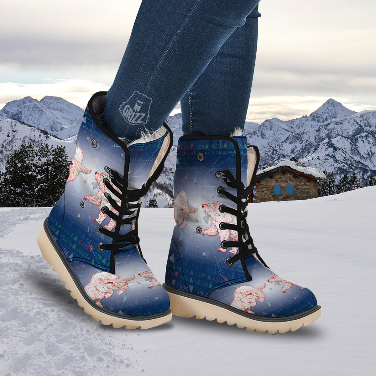 Stock Market Bear And Bull Print Snow Boots-grizzshop