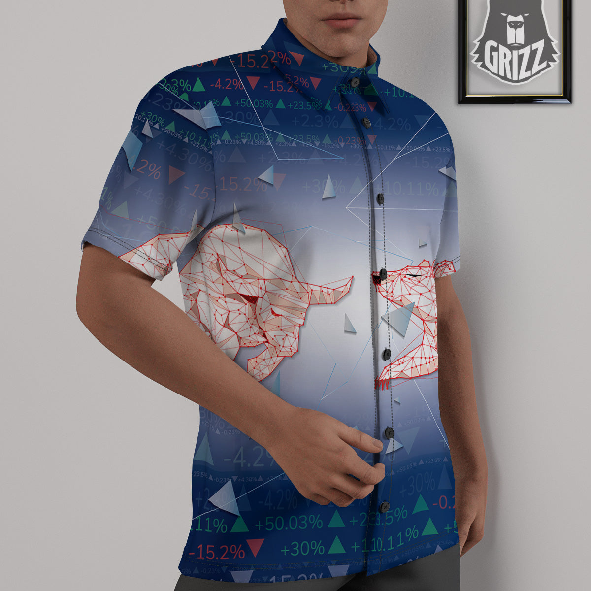 Stock Market Bear And Bull Print Untucked Shirts-grizzshop