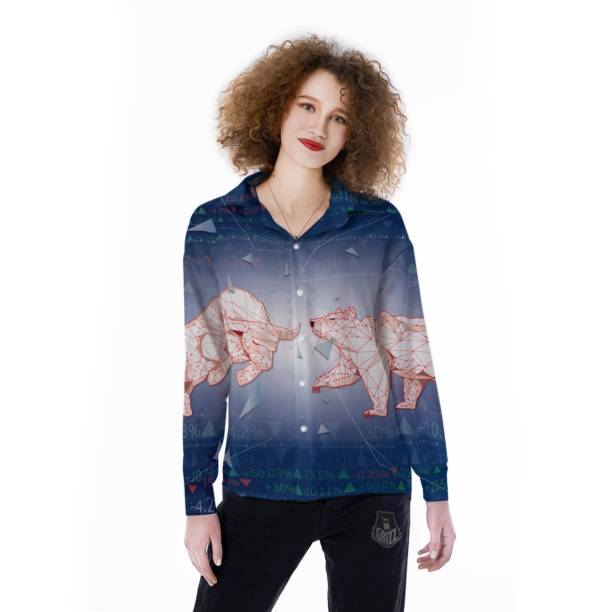 Stock Market Bear And Bull Print Women's Long Sleeve Shirts-grizzshop