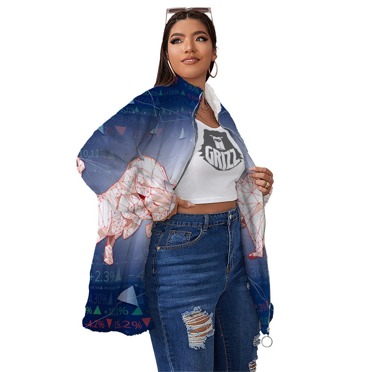 Stock Market Bear And Bull Print Women's Sherpa Jacket-grizzshop