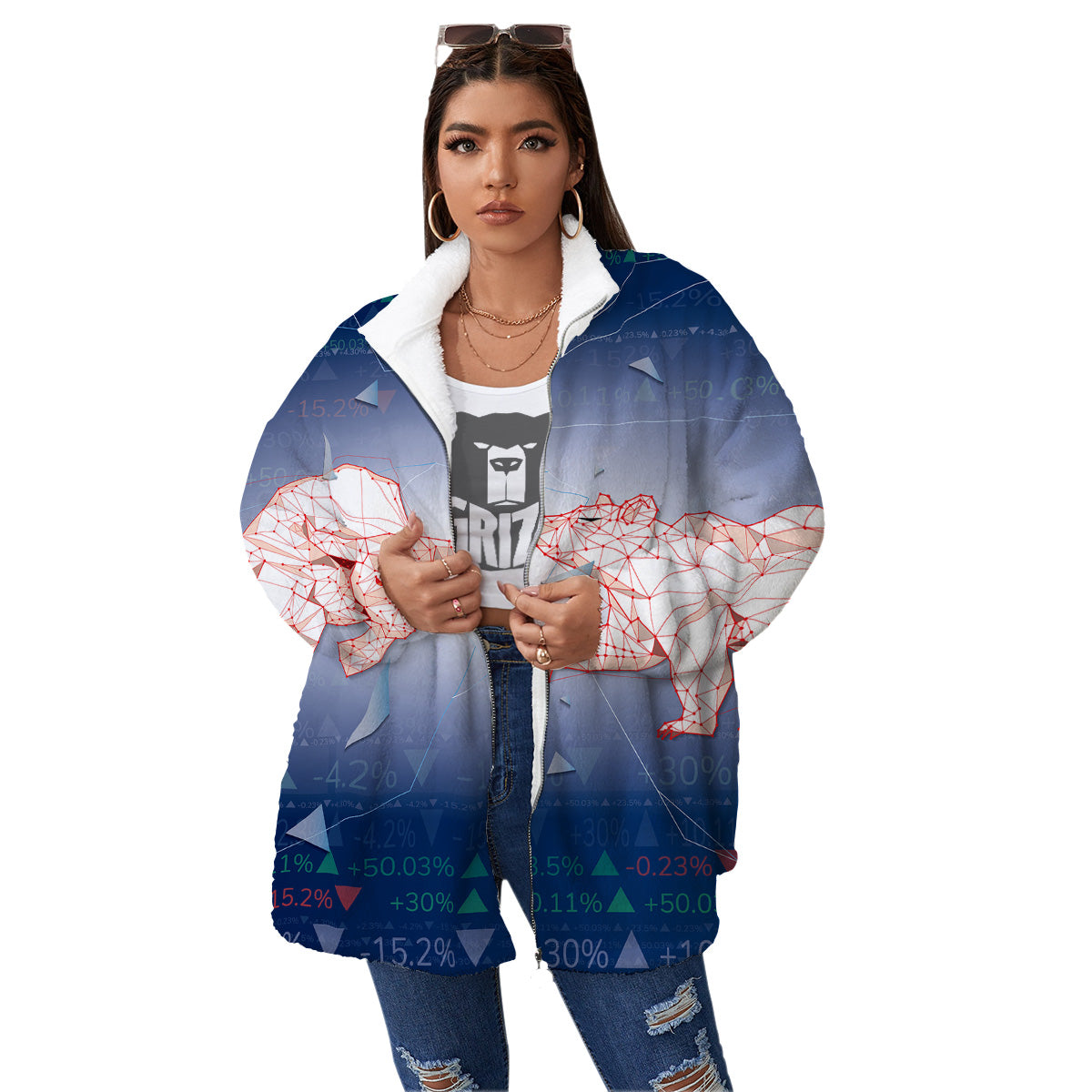 Stock Market Bear And Bull Print Women's Sherpa Jacket-grizzshop