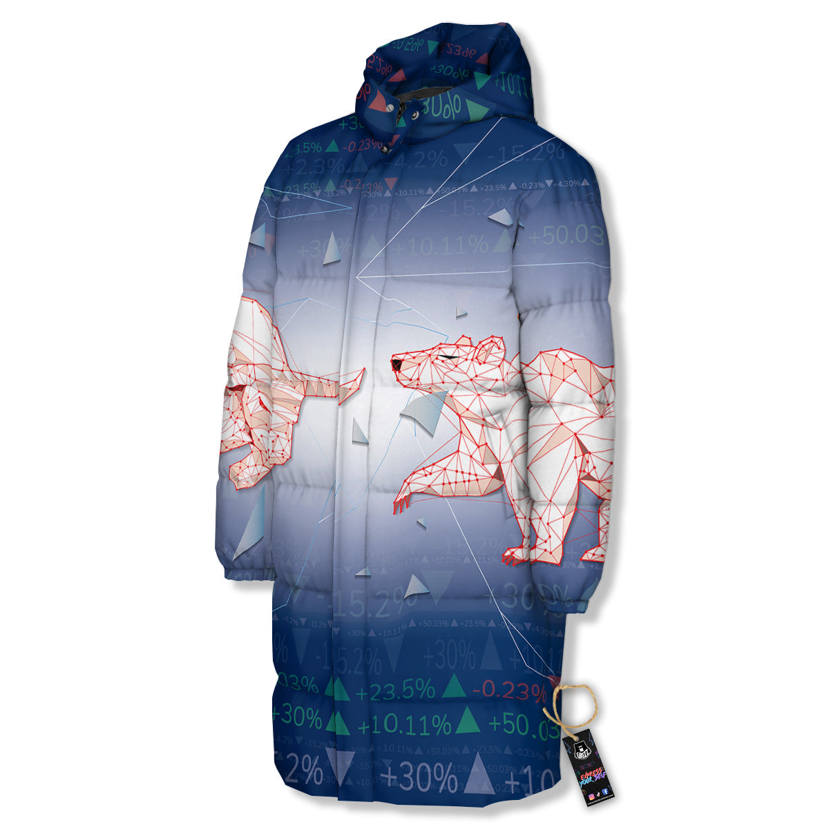 Stock Market Bear And Bull Print Long Down Jacket