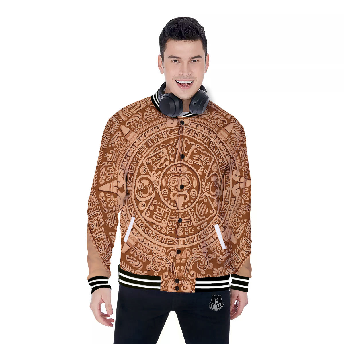 Stone Mayan Print Baseball Jacket-grizzshop