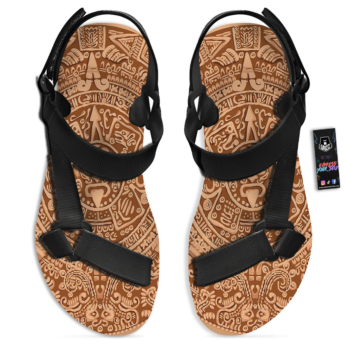 Stone Mayan Print Black Open Toe Sandals-grizzshop