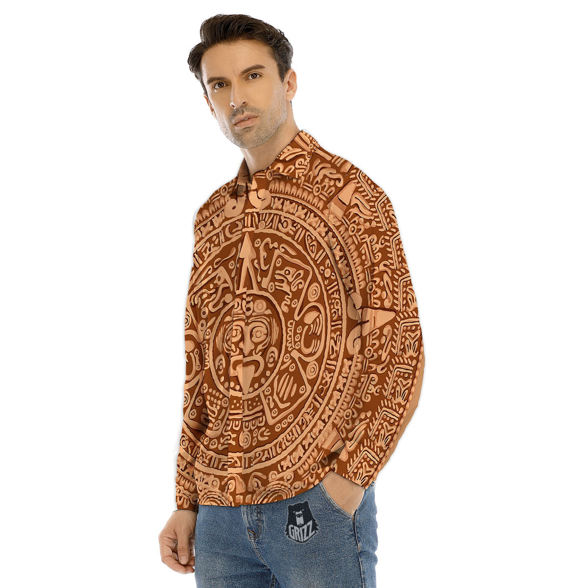 Stone Mayan Print Men's Dress Shirts-grizzshop