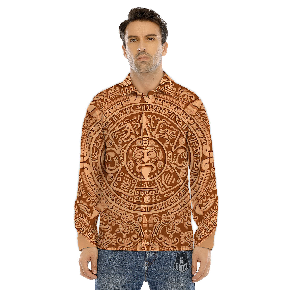 Stone Mayan Print Men's Dress Shirts-grizzshop