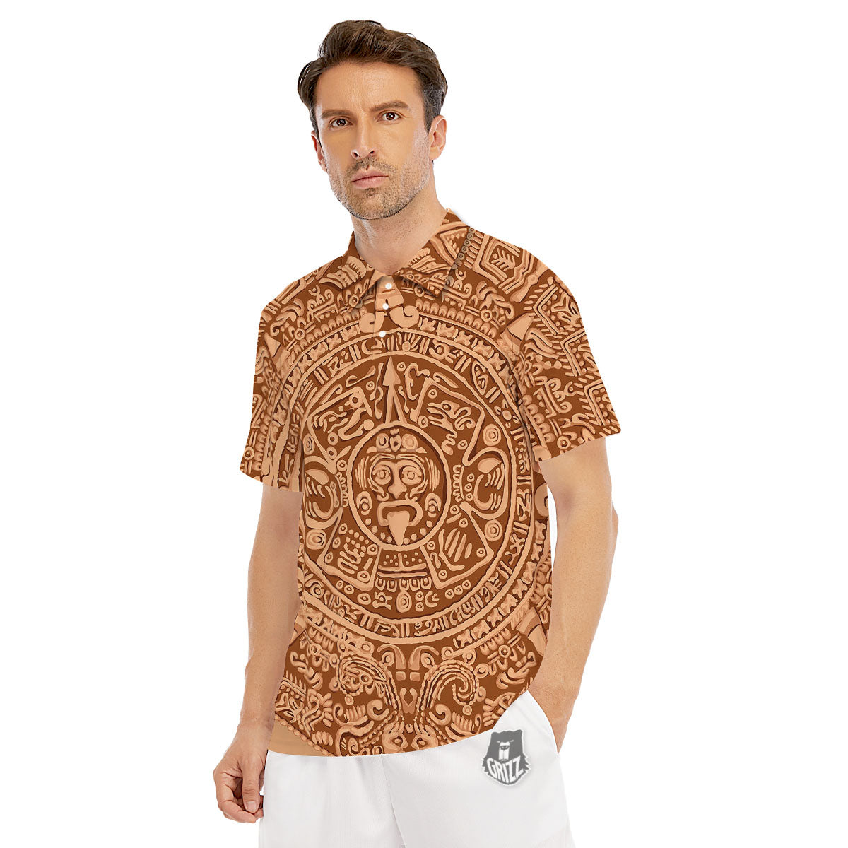 Stone Mayan Print Men's Golf Shirts-grizzshop
