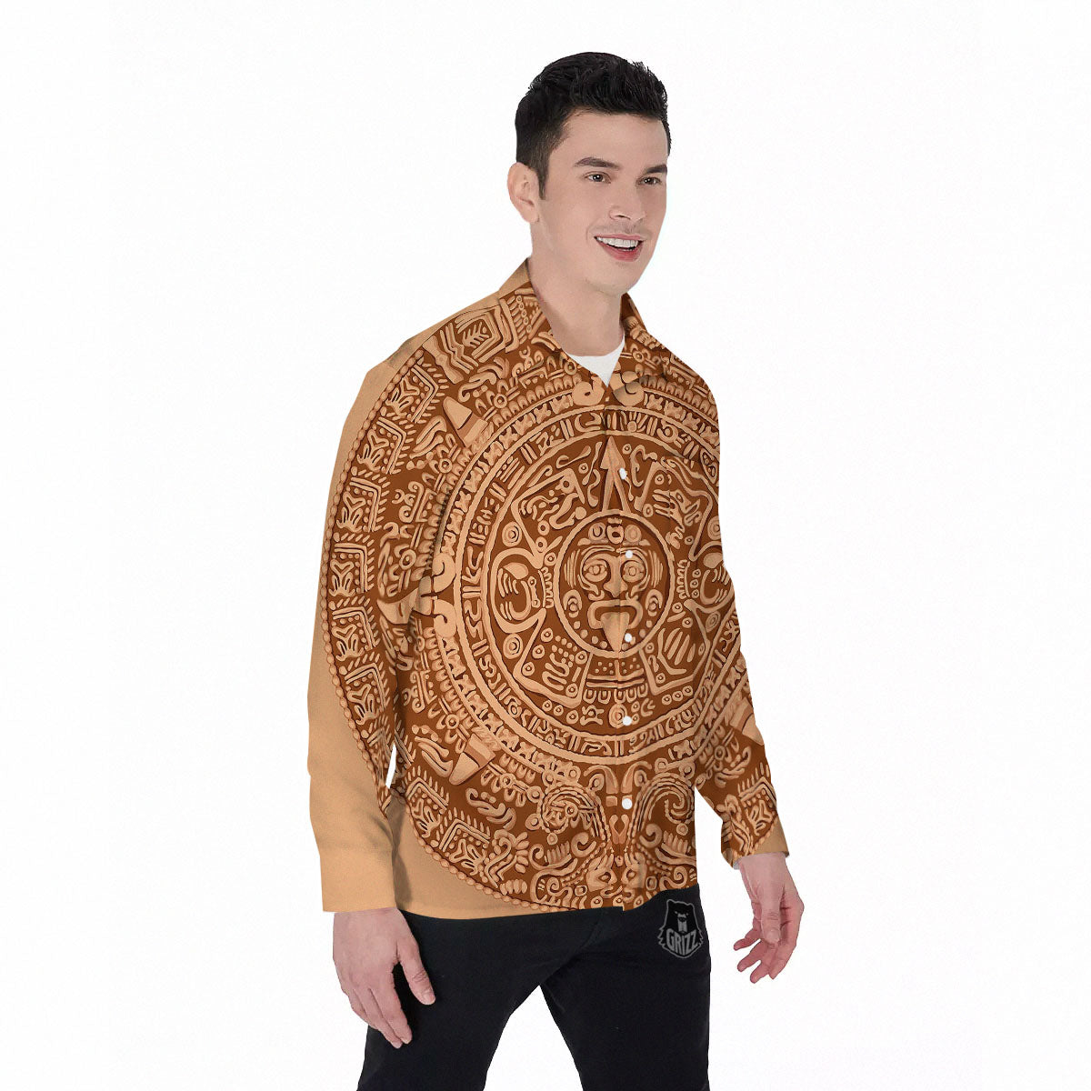 Stone Mayan Print Men's Long Sleeve Shirts-grizzshop