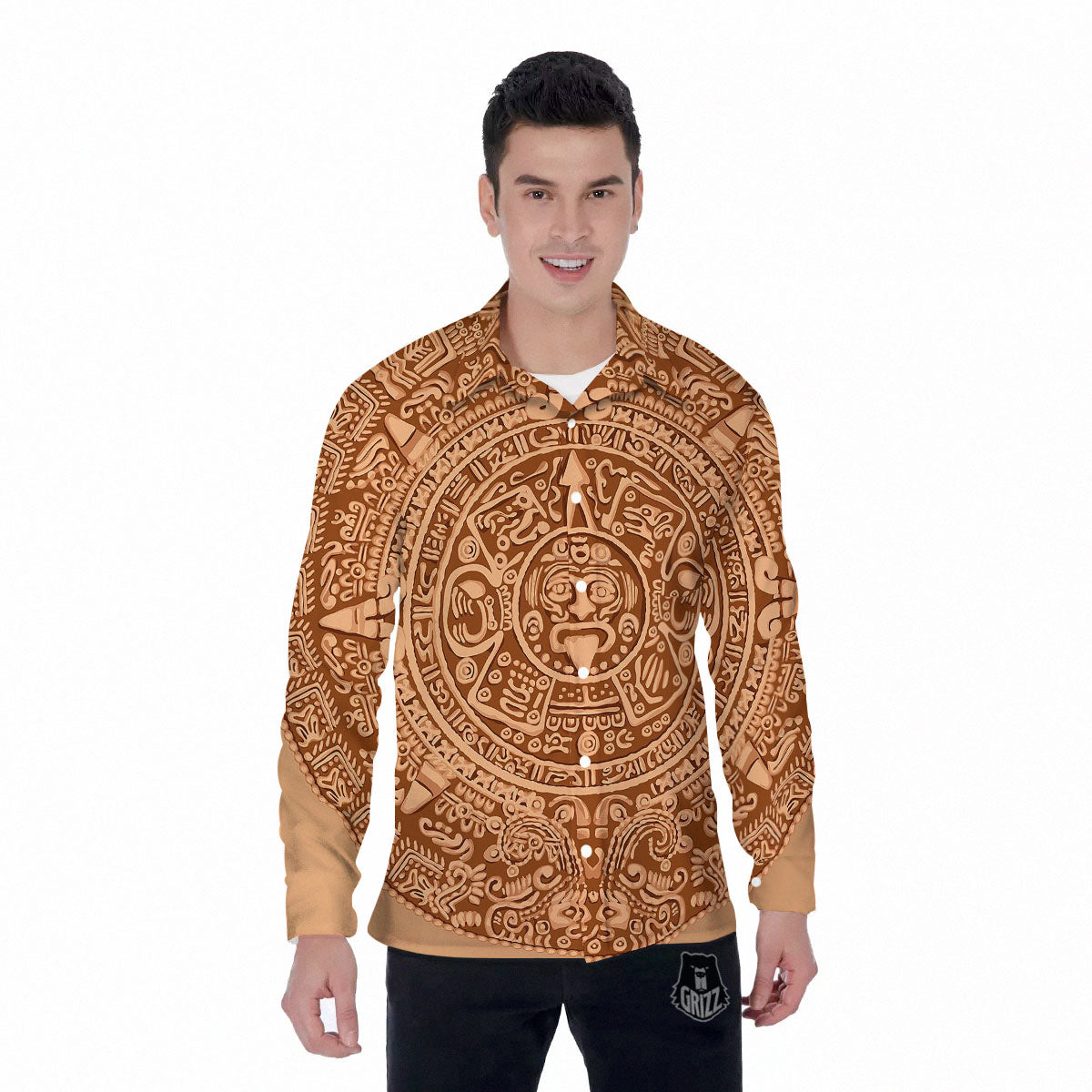 Stone Mayan Print Men's Long Sleeve Shirts-grizzshop