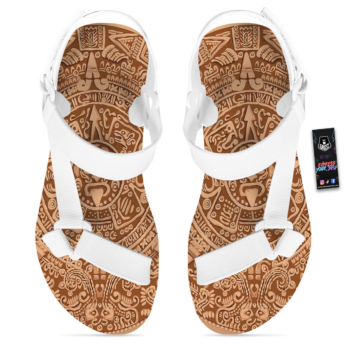 Stone Mayan Print White Open Toe Sandals-grizzshop