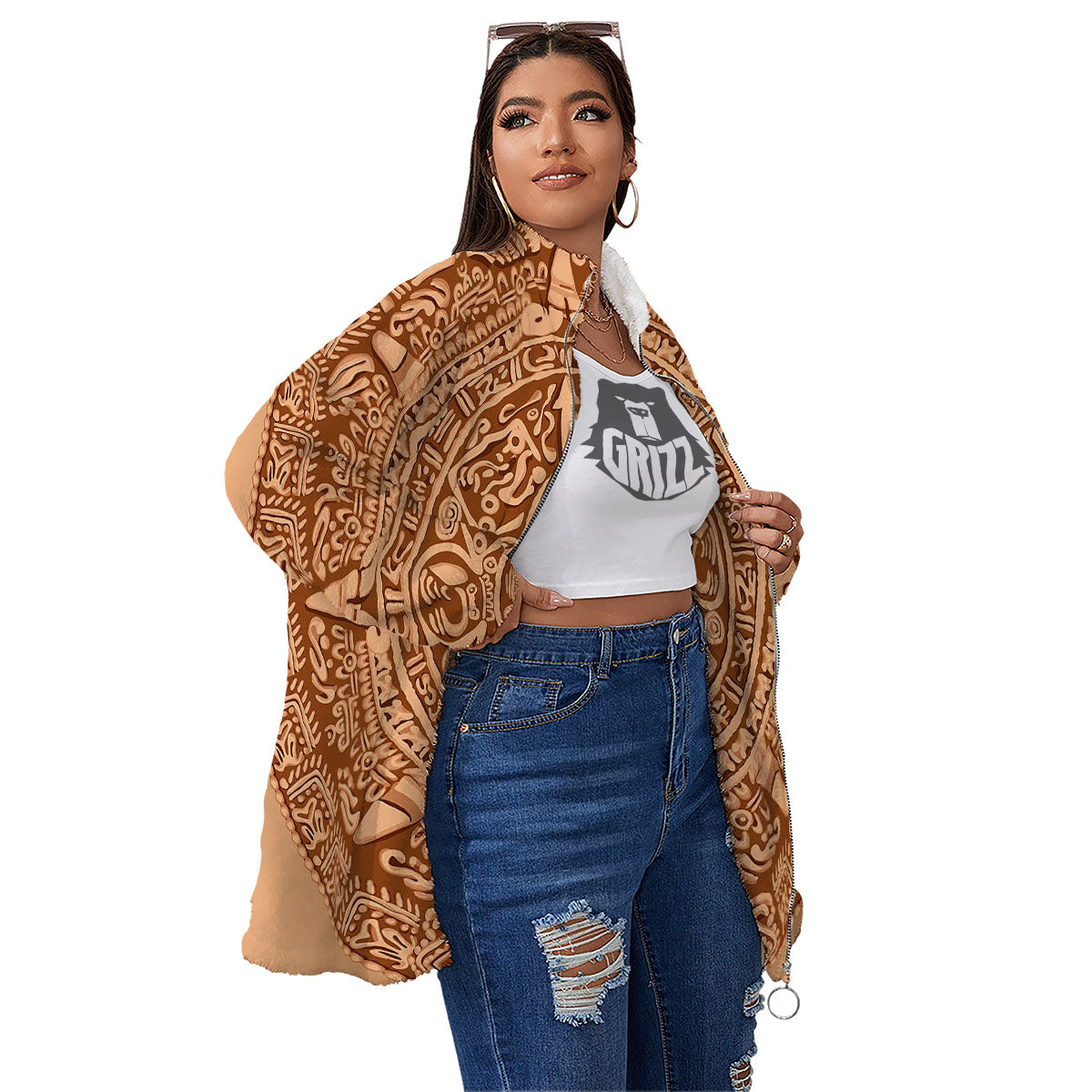 Stone Mayan Print Women's Sherpa Jacket-grizzshop