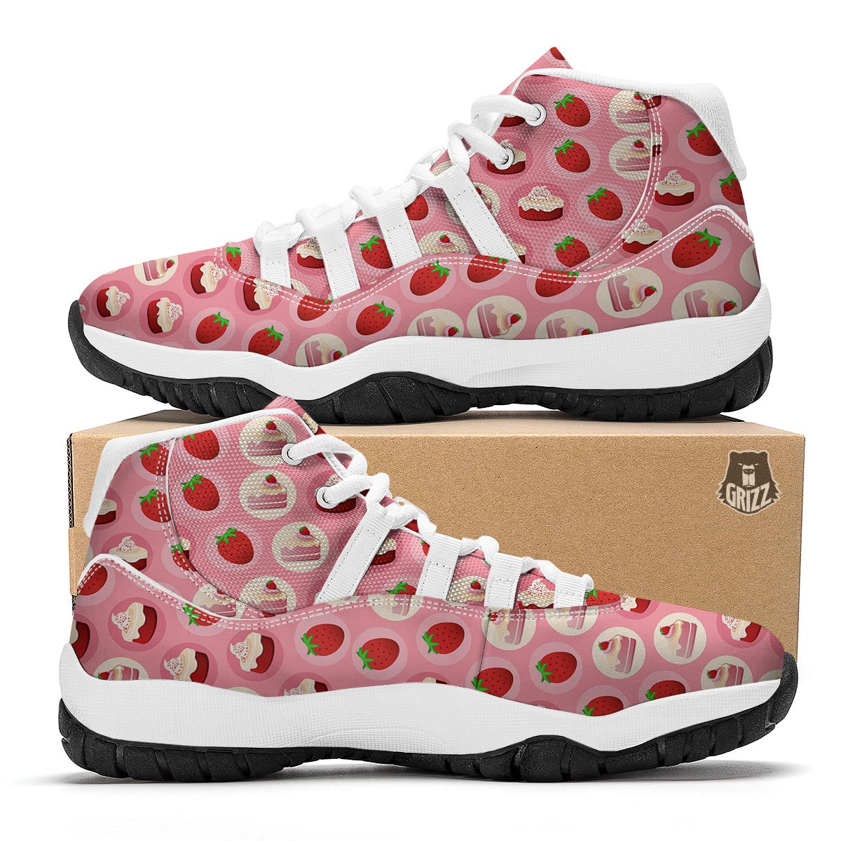 Strawberry Cake Pattern Print White Bball Shoes-grizzshop