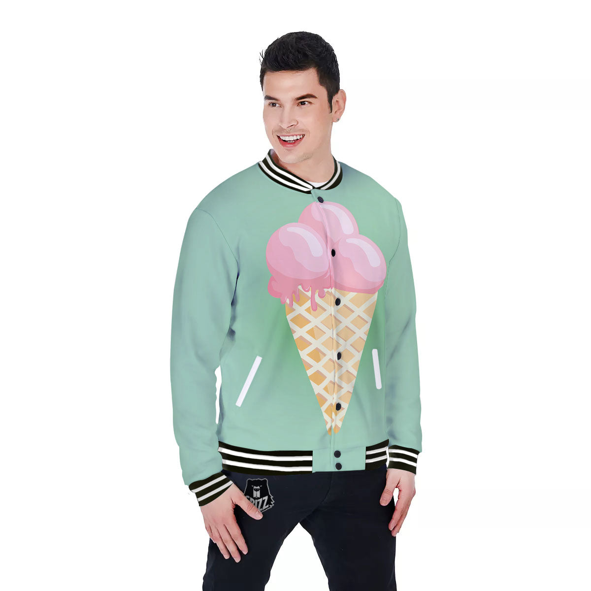 Strawberry Ice Cream Teal Print Baseball Jacket-grizzshop