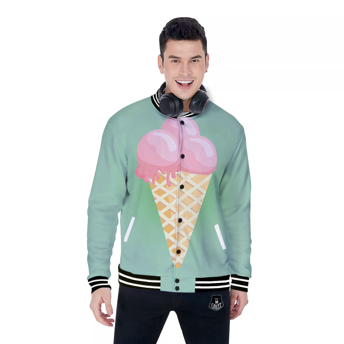 Strawberry Ice Cream Teal Print Baseball Jacket-grizzshop