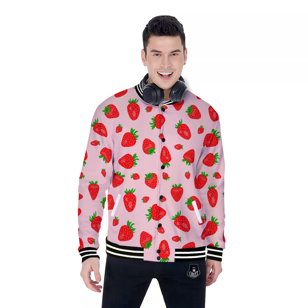 Strawberry Red Print Pattern Baseball Jacket-grizzshop