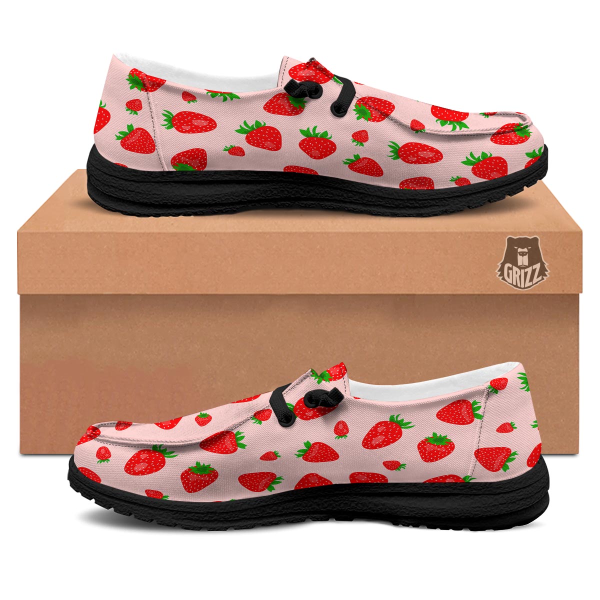 Strawberry Red Print Pattern Black Loafers-grizzshop