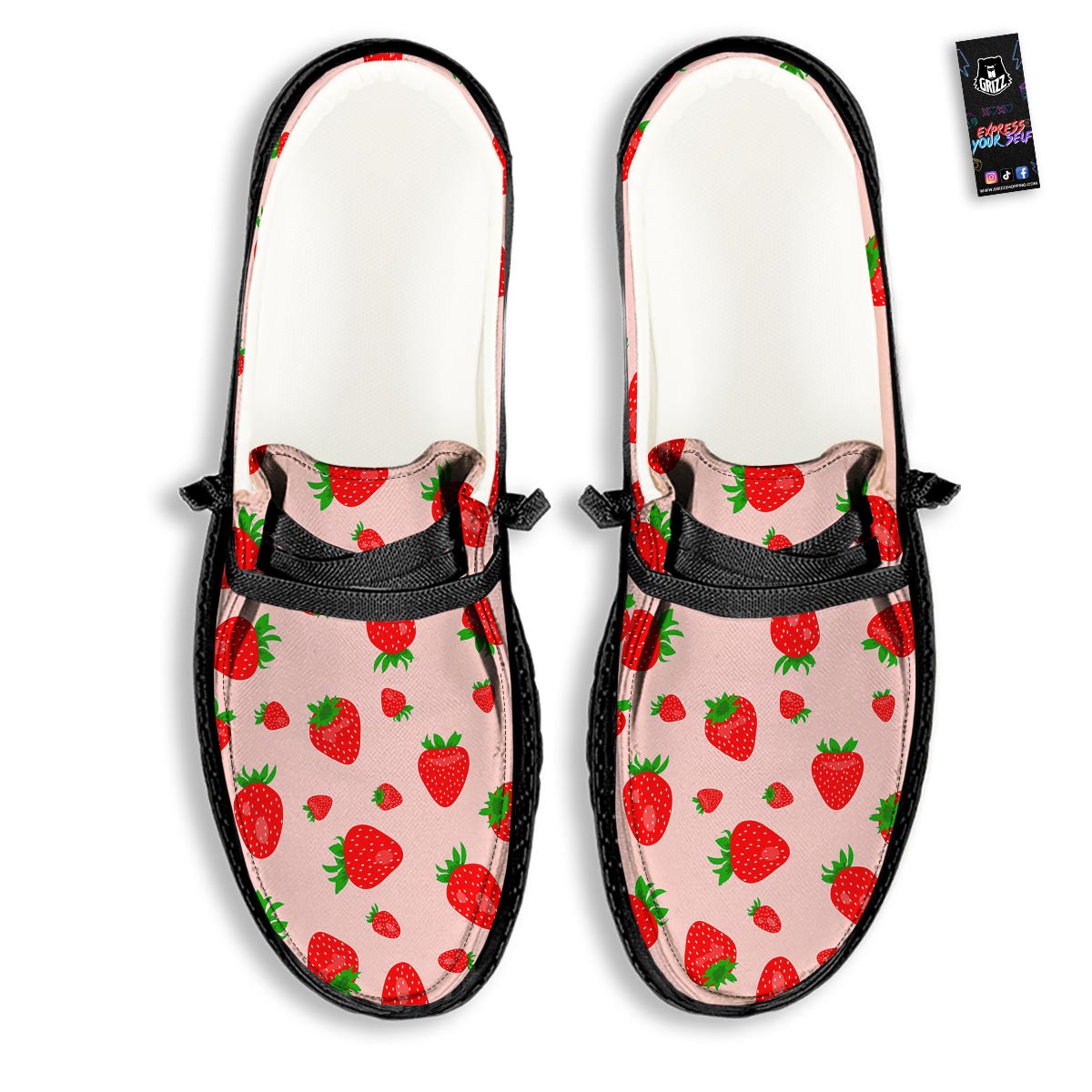Strawberry Red Print Pattern Black Loafers-grizzshop