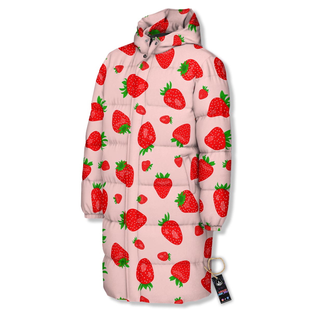 Strawberry Red Print Pattern Long Down Jacket-grizzshop