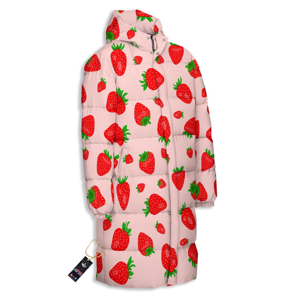 Strawberry Red Print Pattern Long Down Jacket-grizzshop