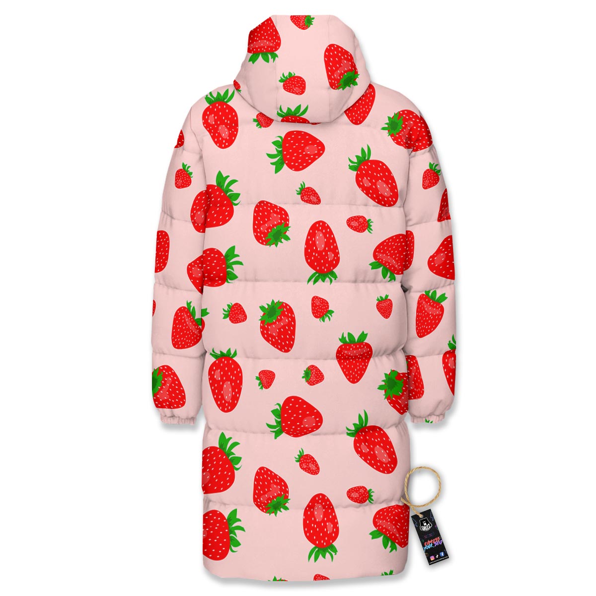 Strawberry Red Print Pattern Long Down Jacket-grizzshop