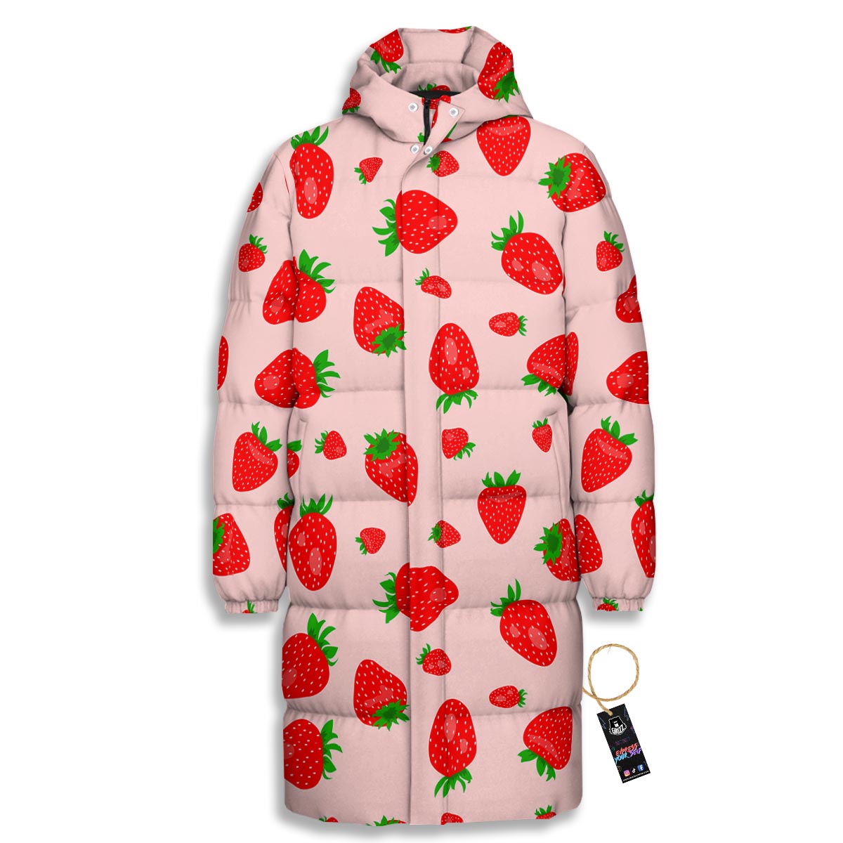 Strawberry Red Print Pattern Long Down Jacket-grizzshop