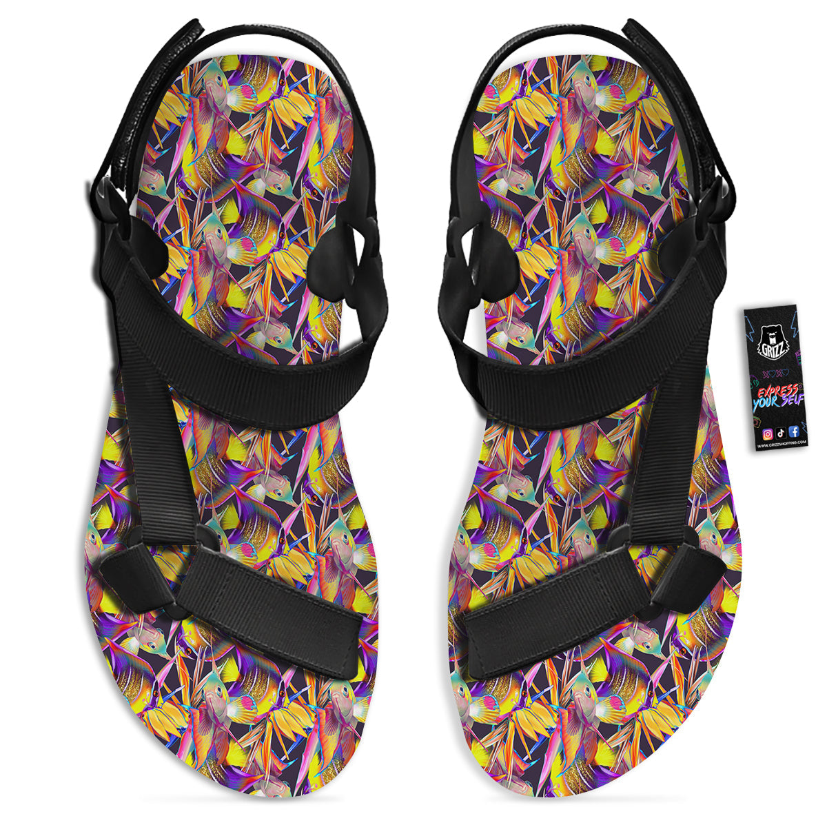 Strelitzia and Fish Tropical Exotic Print Pattern Black Open Toe Sandals-grizzshop