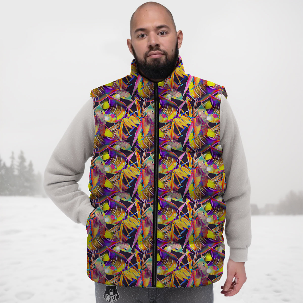 Strelitzia and Fish Tropical Exotic Print Pattern Down Vest