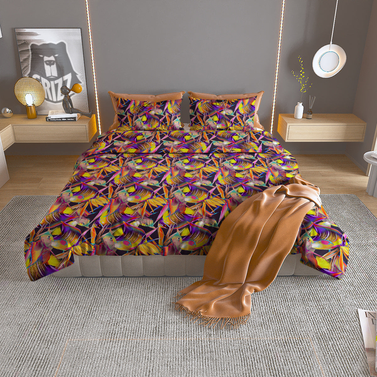 Strelitzia and Fish Tropical Exotic Print Pattern Duvet Cover Bedding Set