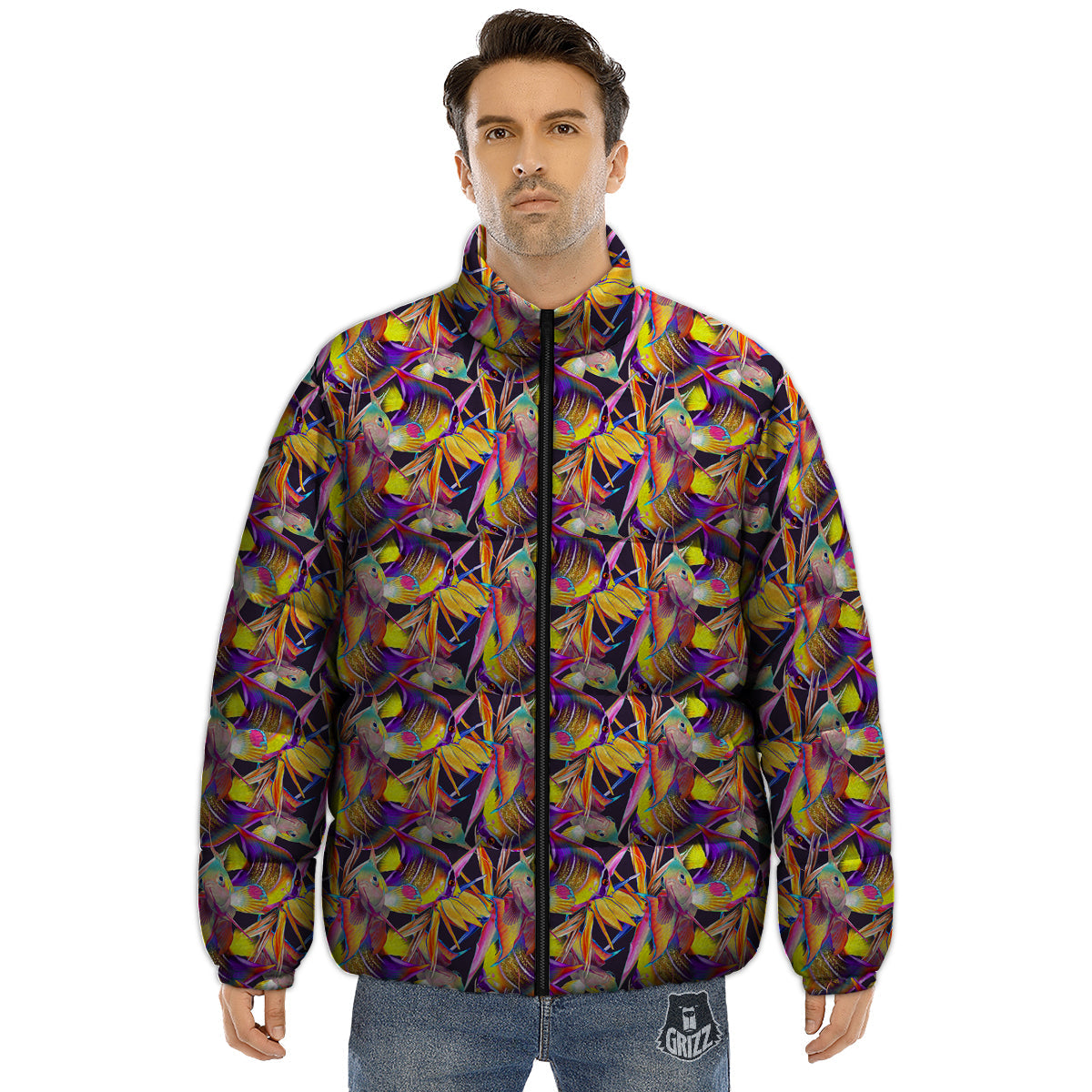 Strelitzia and Fish Tropical Exotic Print Pattern Puffer Jacket-grizzshop