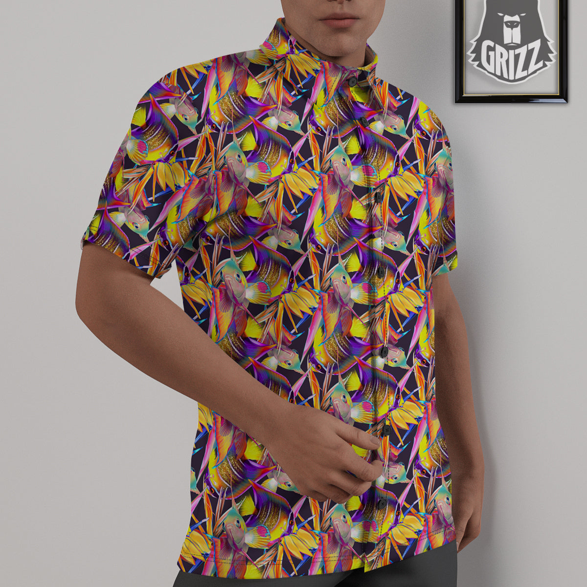 Strelitzia and Fish Tropical Exotic Print Pattern Untucked Shirts-grizzshop