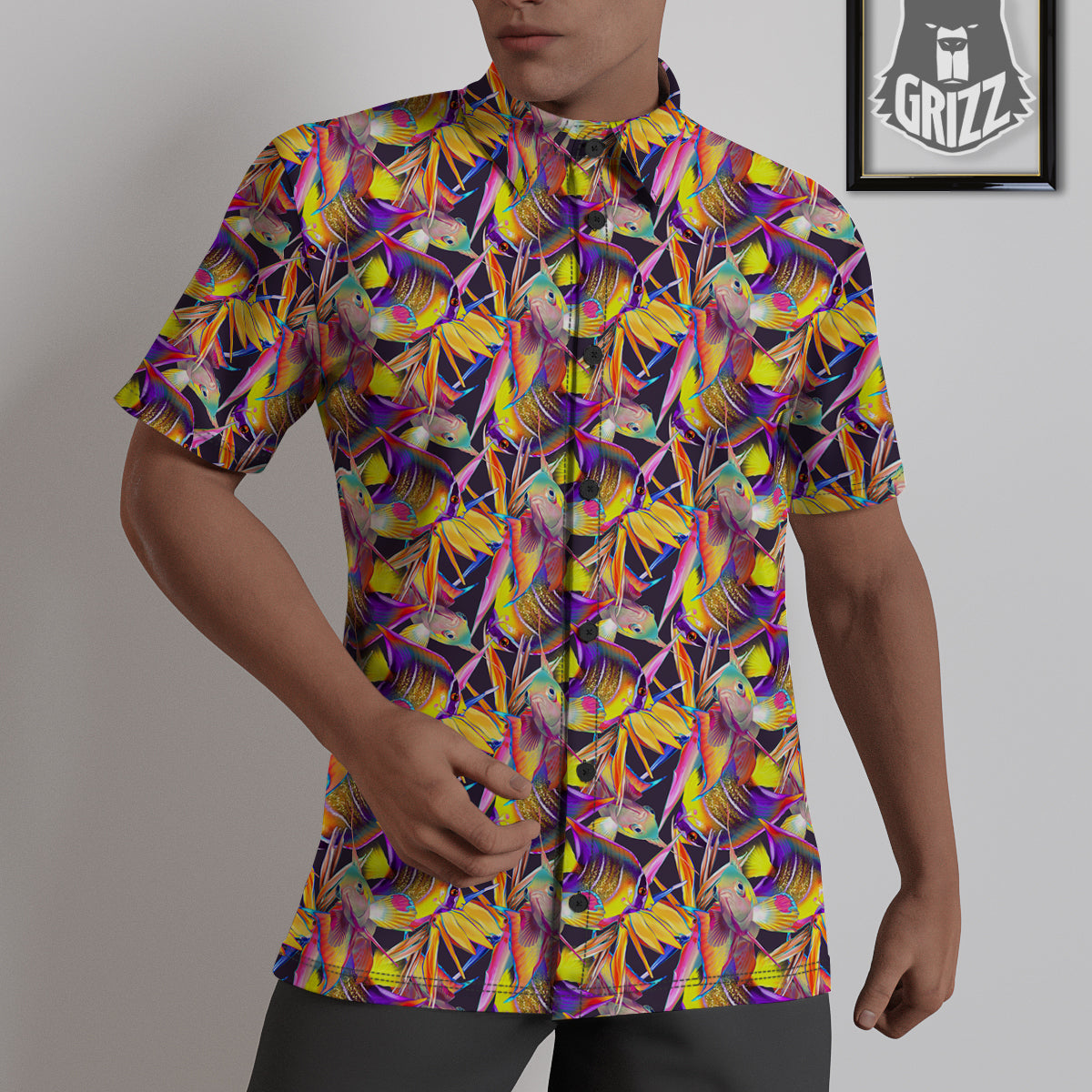 Strelitzia and Fish Tropical Exotic Print Pattern Untucked Shirts-grizzshop