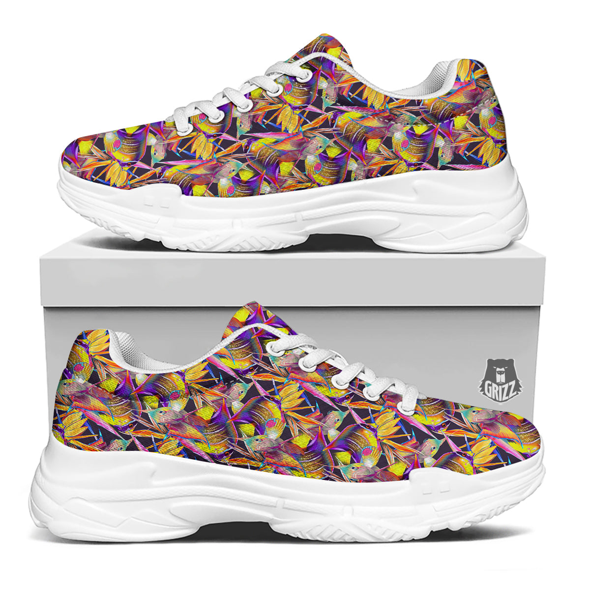 Strelitzia and Fish Tropical Exotic Print Pattern White Chunky Shoes-grizzshop