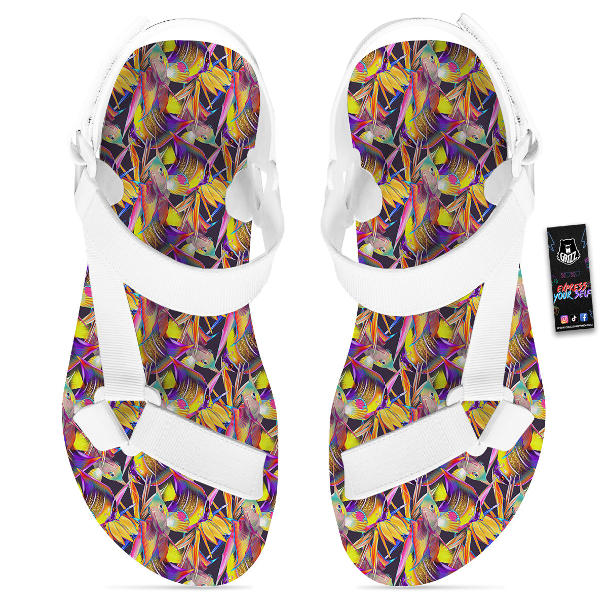Strelitzia and Fish Tropical Exotic Print Pattern White Open Toe Sandals-grizzshop