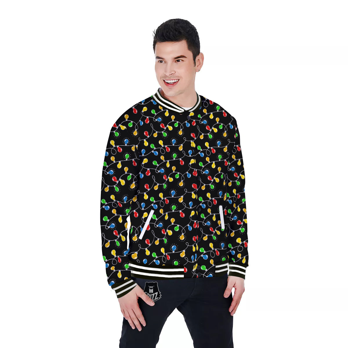 String Lights Colorful Christmas Print Baseball Jacket-grizzshop