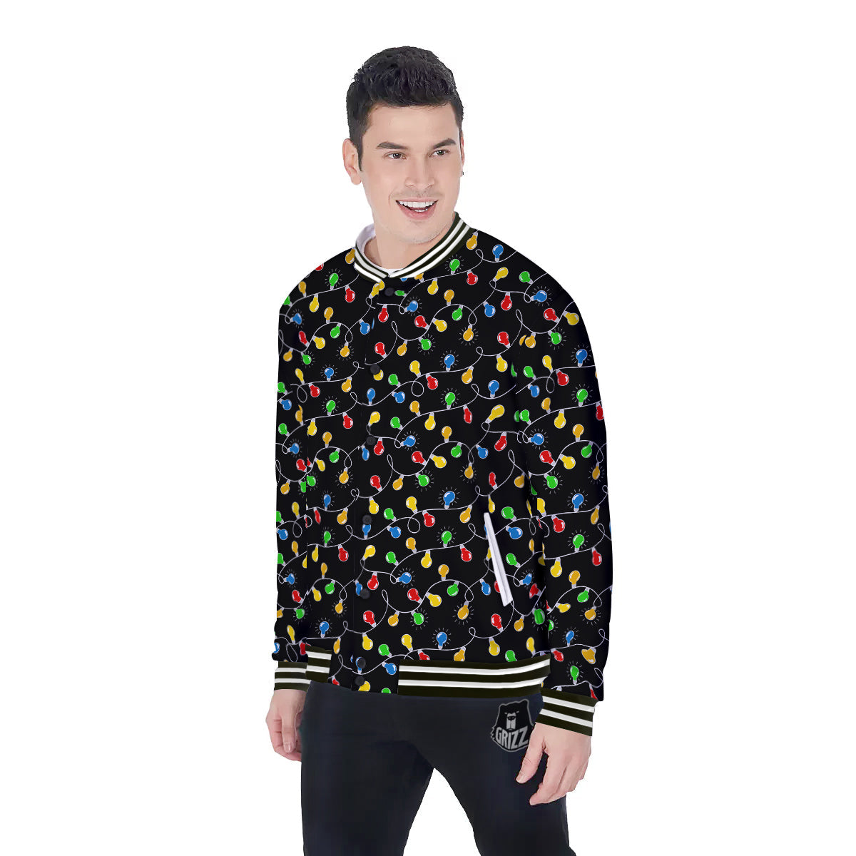 String Lights Colorful Christmas Print Baseball Jacket-grizzshop