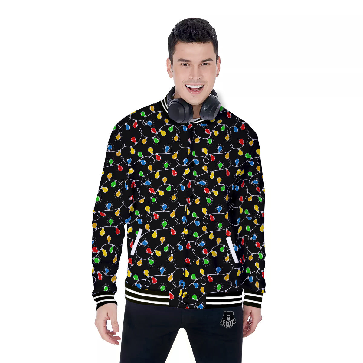 String Lights Colorful Christmas Print Baseball Jacket-grizzshop