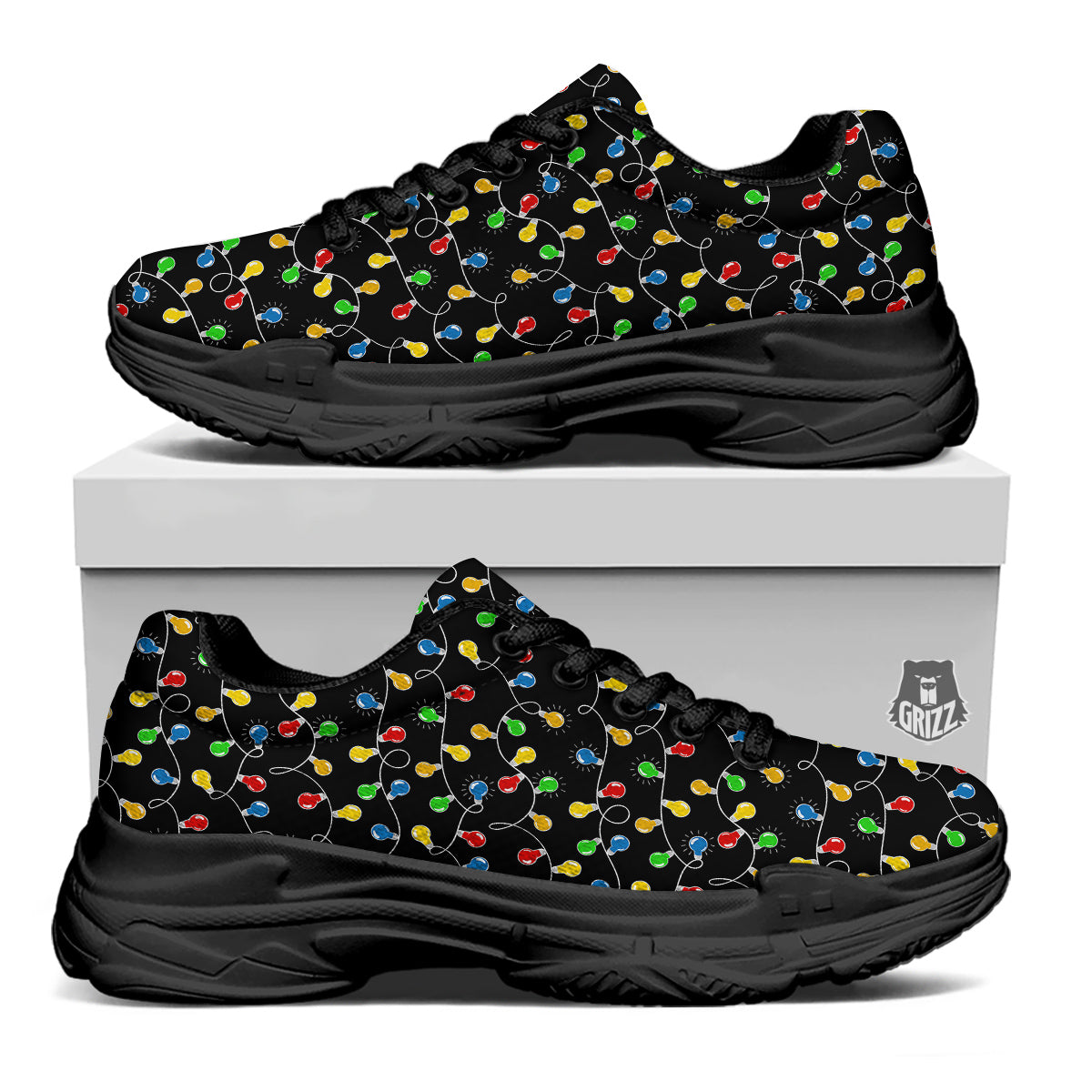 String Lights Colorful Christmas Print Black Chunky Shoes-grizzshop