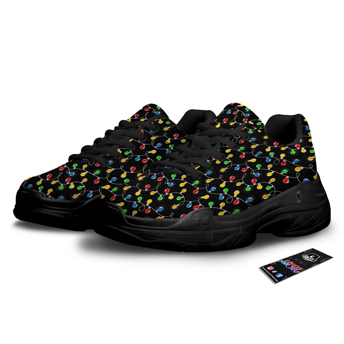 String Lights Colorful Christmas Print Black Chunky Shoes-grizzshop