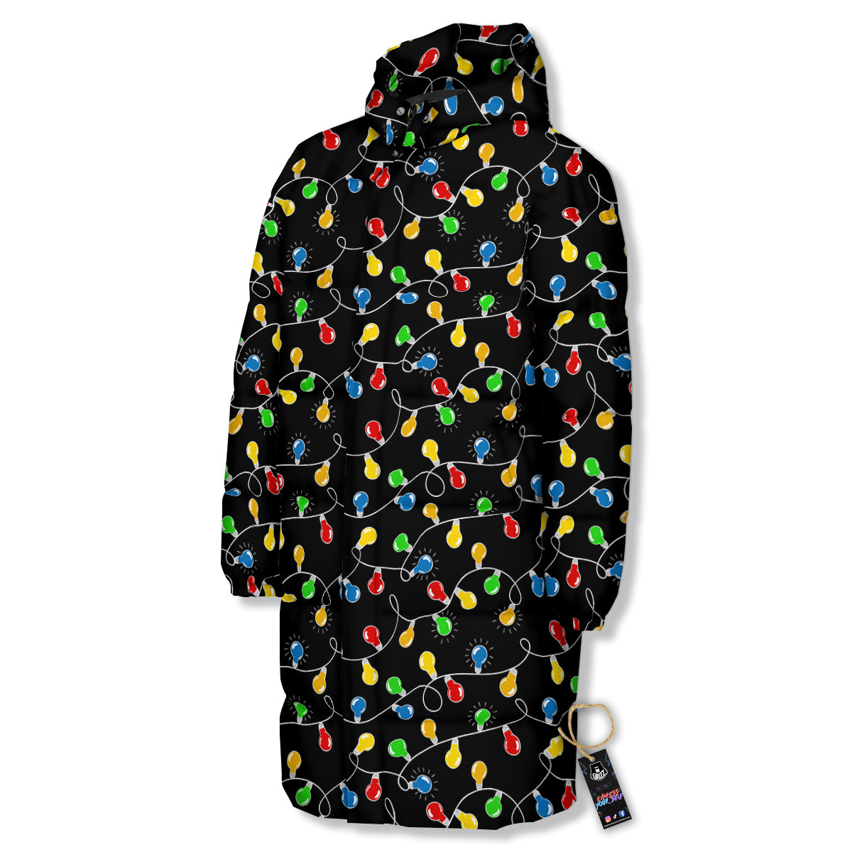 String Lights Colorful Christmas Print Long Down Jacket-grizzshop