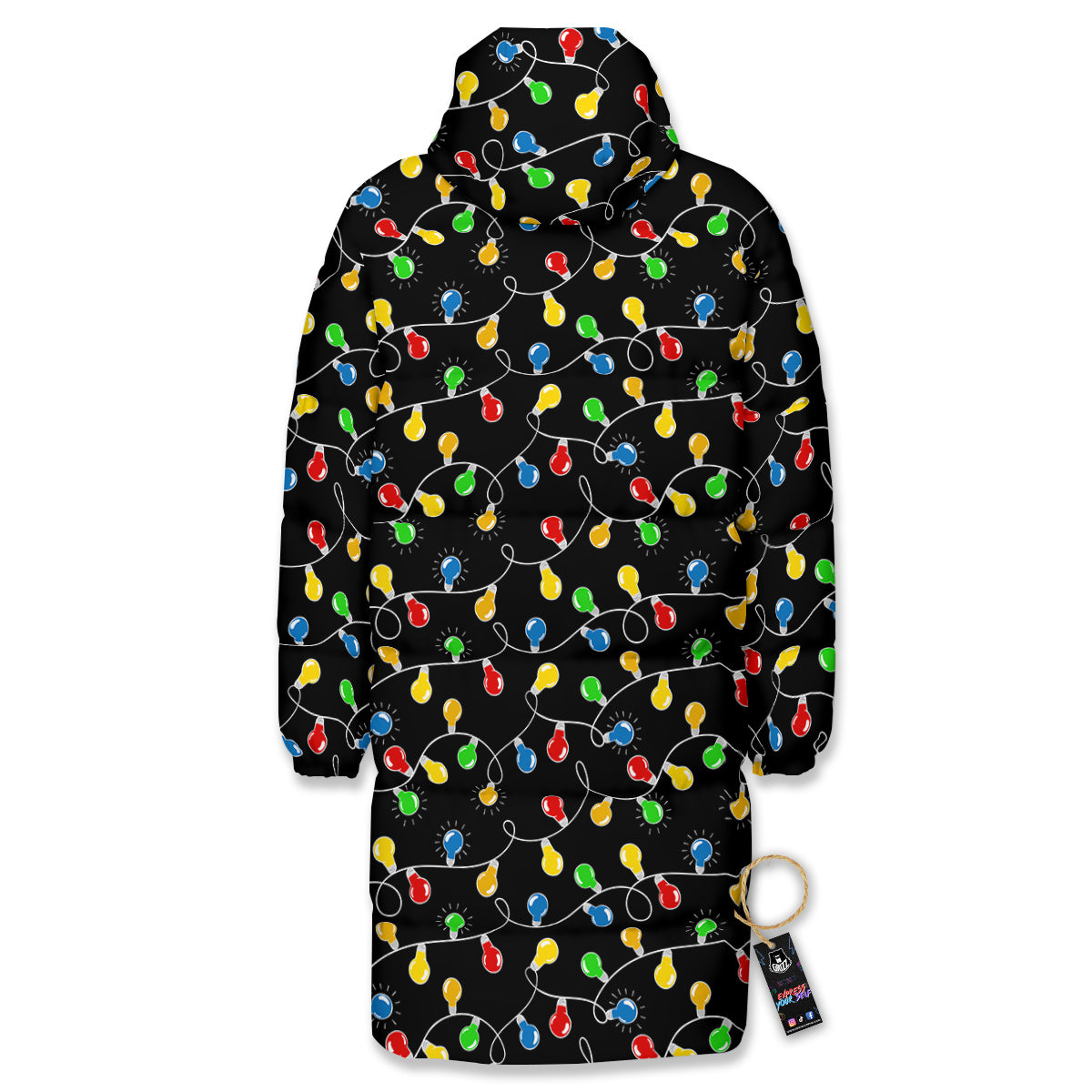 String Lights Colorful Christmas Print Long Down Jacket-grizzshop