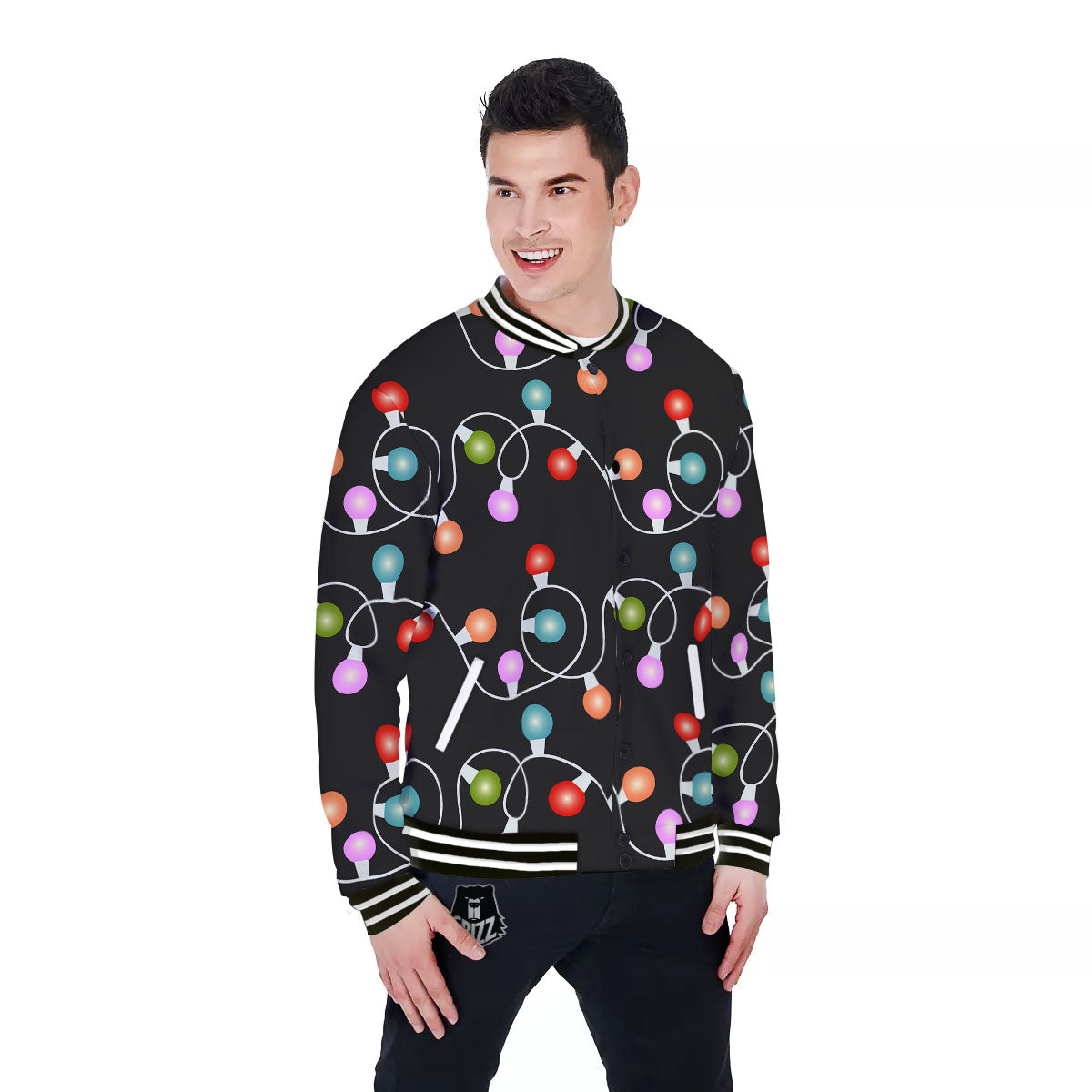 String Lights LED Christmas Print Baseball Jacket-grizzshop
