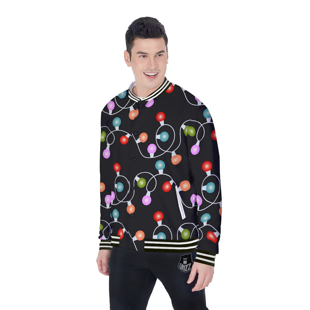 String Lights LED Christmas Print Baseball Jacket-grizzshop