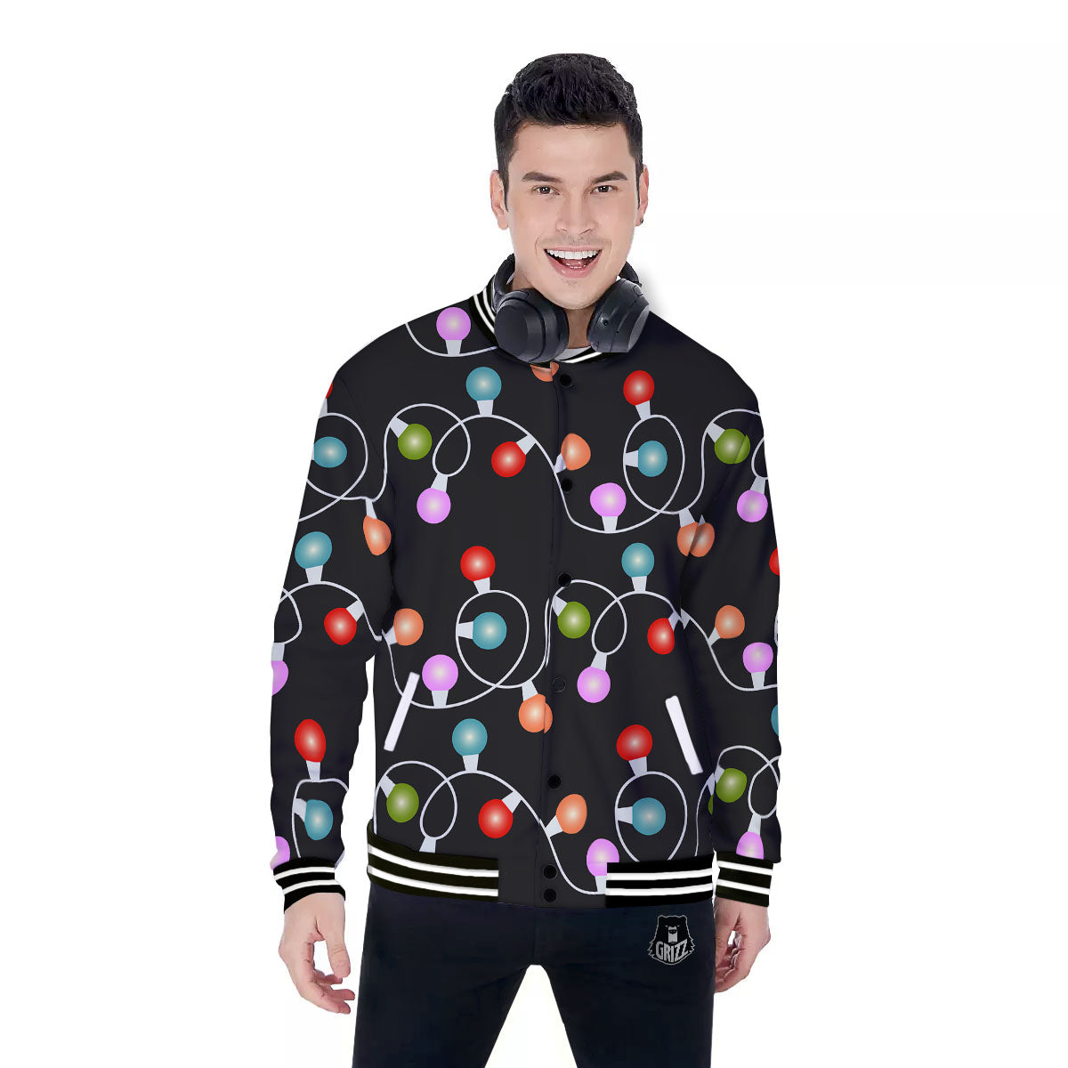 String Lights LED Christmas Print Baseball Jacket-grizzshop