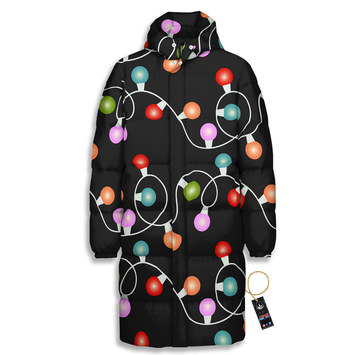 String Lights LED Christmas Print Long Down Jacket-grizzshop