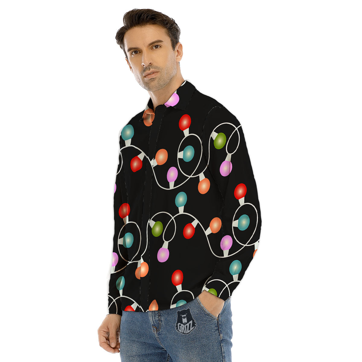 String Lights LED Christmas Print Men's Dress Shirts-grizzshop