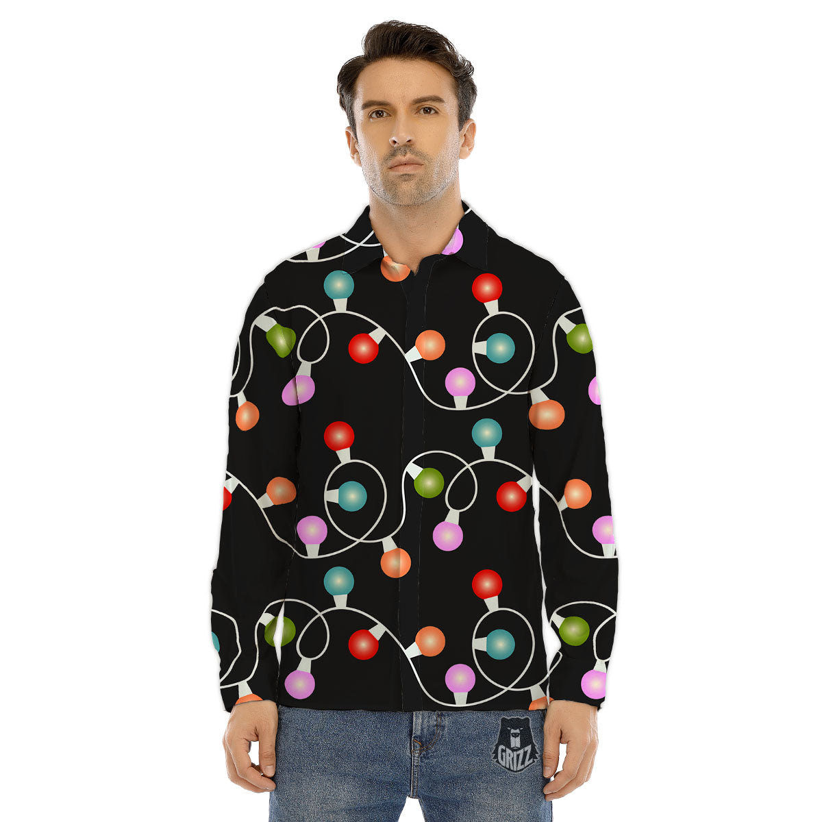 String Lights LED Christmas Print Men's Dress Shirts-grizzshop