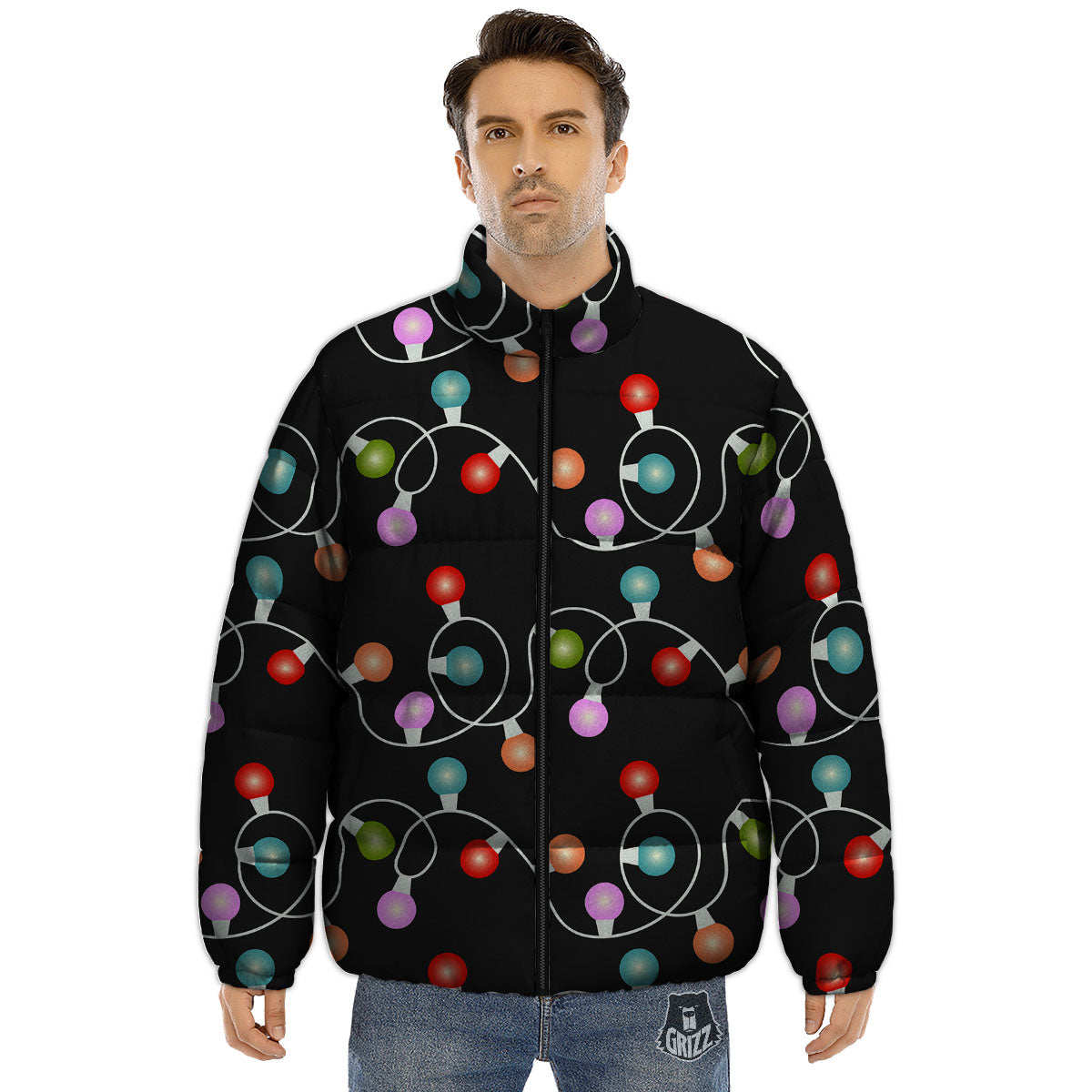 String Lights LED Christmas Print Puffer Jacket-grizzshop